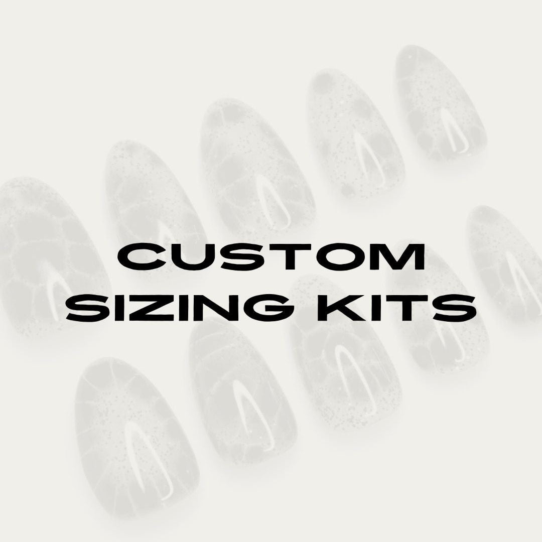 Text 'CUSTOM SIZING KITS' with blurred product images on a light gray background